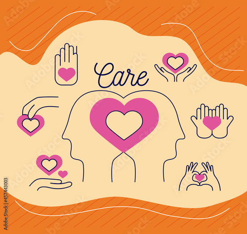 heart between heads with care icons