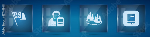 Set Peace, Police officer, Burning car and Law book. Square glass panels. Vector