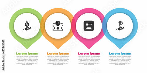 Set Coins on hand - minimal wage, Envelope with question mark, Judge gavel and Caduceus snake medical. Business infographic template. Vector