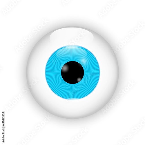 Realistic blue eyeball icon. Illustration close up on white backdrop. Hand drawn. Vector illustration. Stock image.