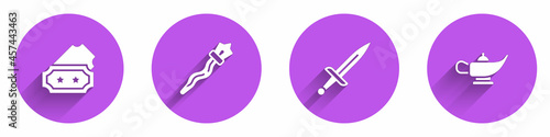 Set Ticket, Magic staff, Dagger and lamp or Aladdin icon with long shadow. Vector