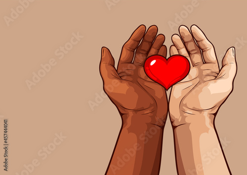 Black and white hand holding heart, interracial friendship concept.