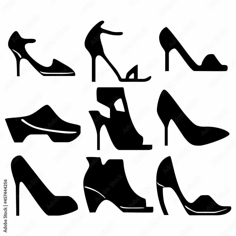 A set of nine silhouettes of women's shoes for games, websites, design and more. A set of nine silhouettes of women's shoes for games, websites, design and more.