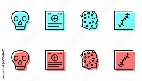Set line Psoriasis or eczema rash, Skull, Clinical record and Scar with suture icon. Vector