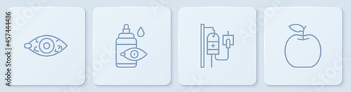 Set line Reddish eye, IV bag, Eye drop bottle and Apple. White square button. Vector