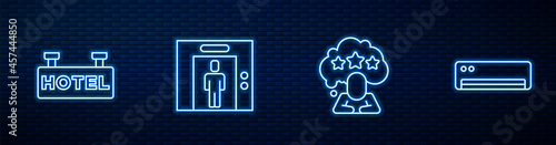 Set line Five stars rating review, Signboard with text Hotel, Lift and Air conditioner. Glowing neon icon on brick wall. Vector