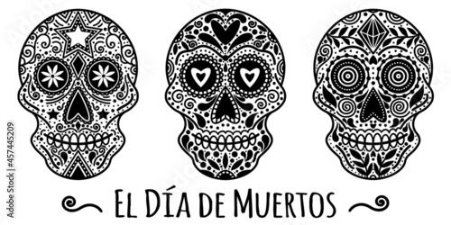 Set of white sugar skulls with abstract patterns. Hand drawn vector icons isolated on white background. Monochrome illustrations of masks of skeletons for the day of the dead. Festive element sketch.