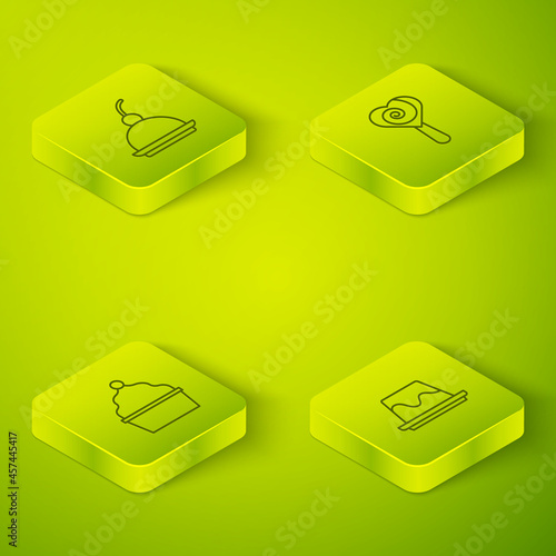 Set Isometric line Lollipop, Cake, Pudding custard and Cherry cheesecake icon. Vector