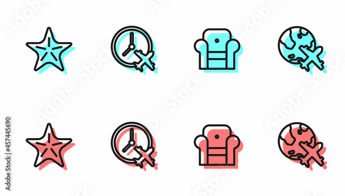 Set line Armchair, Starfish, Clock with airplane and Globe flying icon. Vector