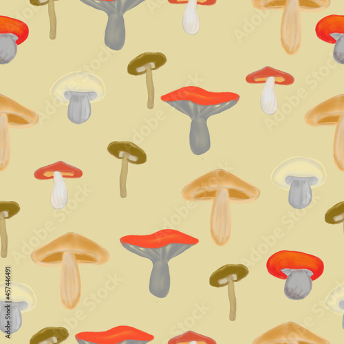 Seamless pattern with mushrooms. The composition for the design of the fabric. An illustration for a holiday, a party and invitations. Decoration for the interior. Autumn drawing.