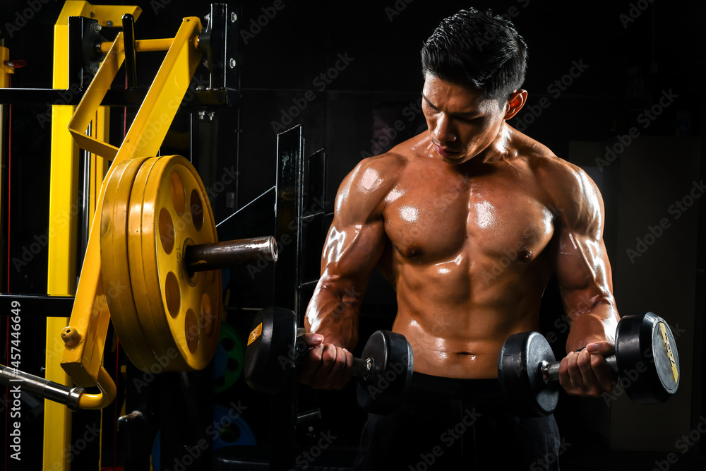 Images of Asian men with beautiful muscles lifting weights at the gym. Images of Asian men with beautiful muscles lifting weights at the gym.