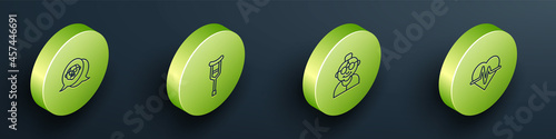 Set Isometric line Grandfather, Crutch or crutches, Grandmother and Heart rate icon. Vector