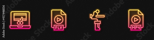 Set line Gimbal stabilizer for camera, Video recorder on laptop, FLV file document and MP4. Glowing neon icon. Vector