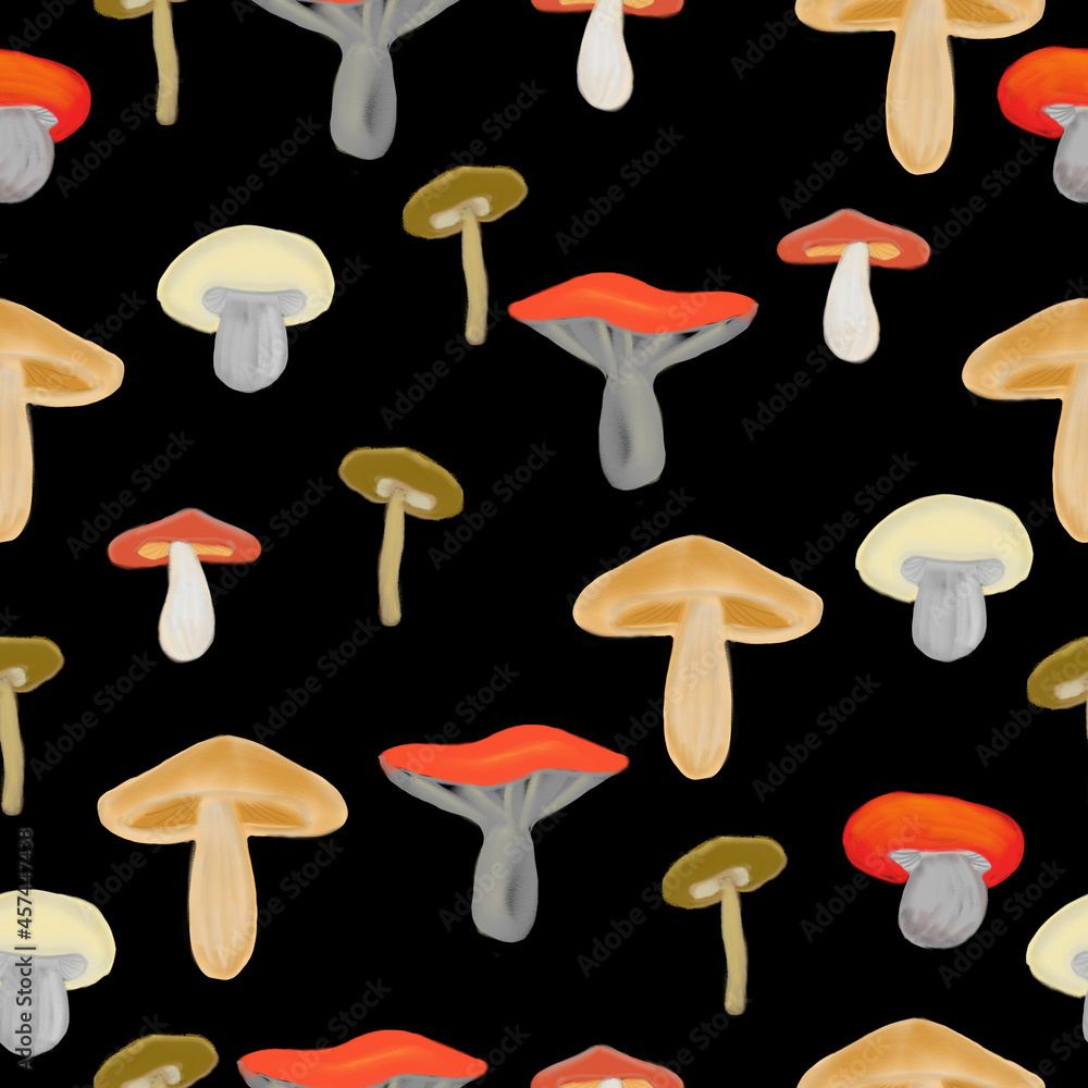 Seamless pattern with mushrooms. The composition for the design of the fabric. An illustration for a holiday, a party and invitations. Decoration for the interior. Autumn drawing. Seamless pattern with mushrooms. The composition for the design of the fabric. An illustration for a holiday, a party and invitations. Decoration for the interior. Autumn drawing.