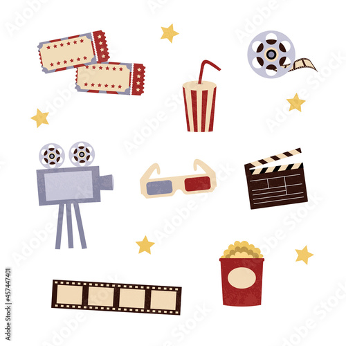 Cinema set. Film, 3d glasses, popcorn, old cinema projector, retro tickets, beverage, movie сlapperboard, stars  