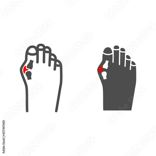 Pain in big toe joint line and solid icon, body pain concept, bunion vector sign on white background, outline style icon for mobile concept and web design. Vector graphics.