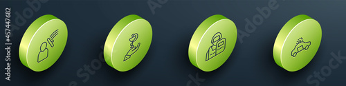 Set Isometric line Police beat human, Caduceus snake medical, officer and car and flasher icon. Vector