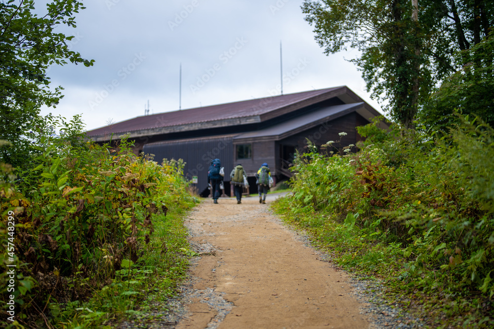 秋の紅葉が始まった栂池自然園の展望台までトレッキングしている風景 A view of trekking to the observatory of Tsugaike Nature Park, where the autumn leaves have started to change color. 
