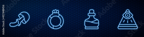 Set line Bottle with potion, Psilocybin mushroom, Magic stone ring gem and Masons. Glowing neon icon on brick wall. Vector