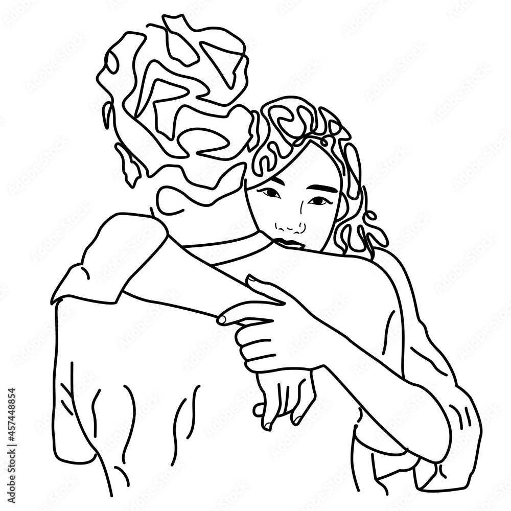 Naklejka premium line art illustration of a couple hugging each other. boy hugging girl line art illustration. 