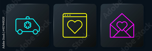 Set line Emergency car, Envelope with Valentine heart and Dating app online. Black square button. Vector