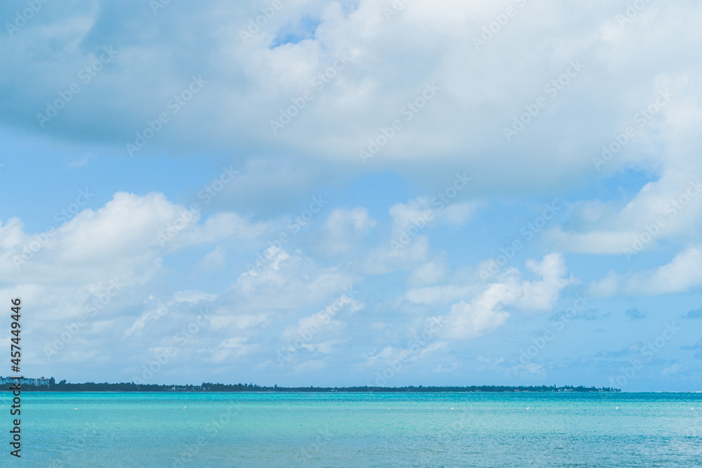 View from Luquillo beach in tropical Puerto Rico and white puffy clouds