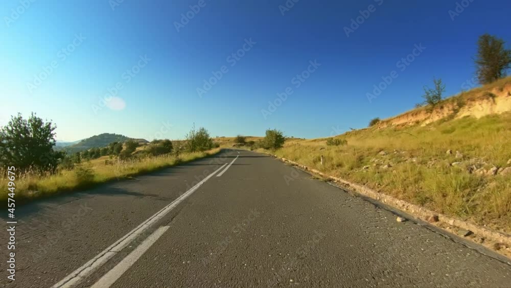 Enjoyable mountain morning driving, beautiful blue sky sunlight, POV car drive Enjoyable mountain morning driving, beautiful blue sky sunlight, POV car drive