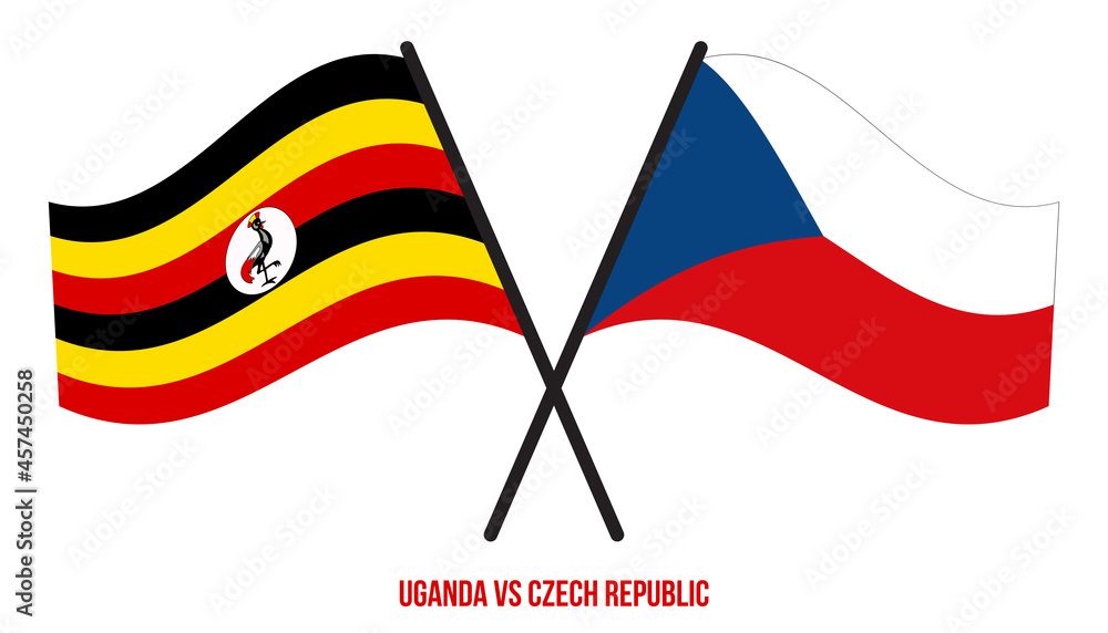 Uganda and Czech Republic Flags Crossed And Waving Flat Style. Official Proportion. Correct Colors.