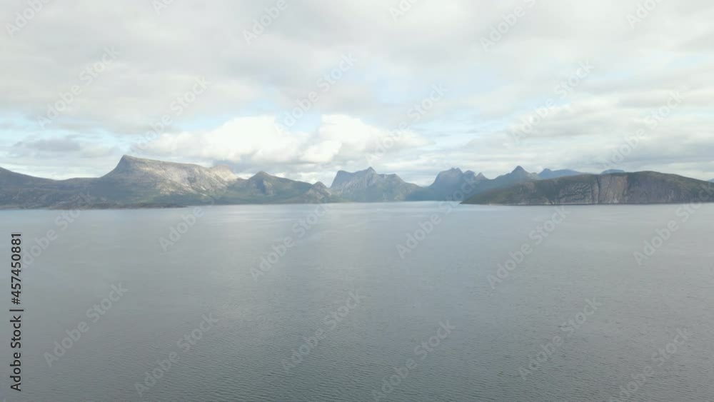 Drone flight over Tysfjorden from the ferry port at Bognes, Norway Drone flight over Tysfjorden from the ferry port at Bognes, Norway