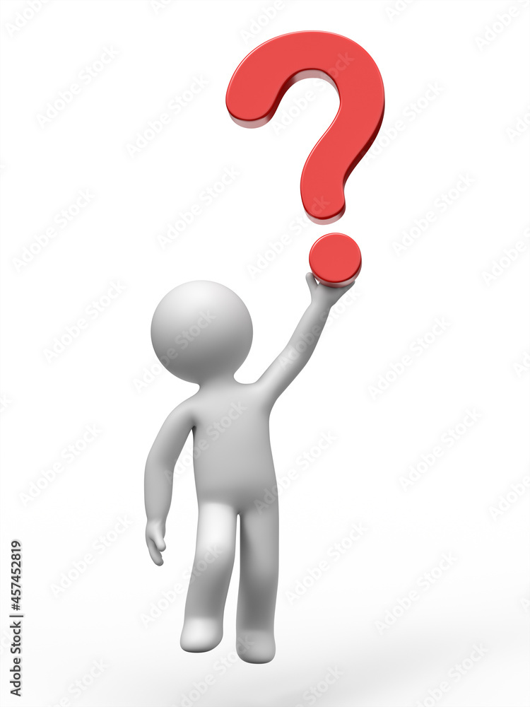 3D man flying away and holding a red question mark. 3D man flying away and holding a red question mark.