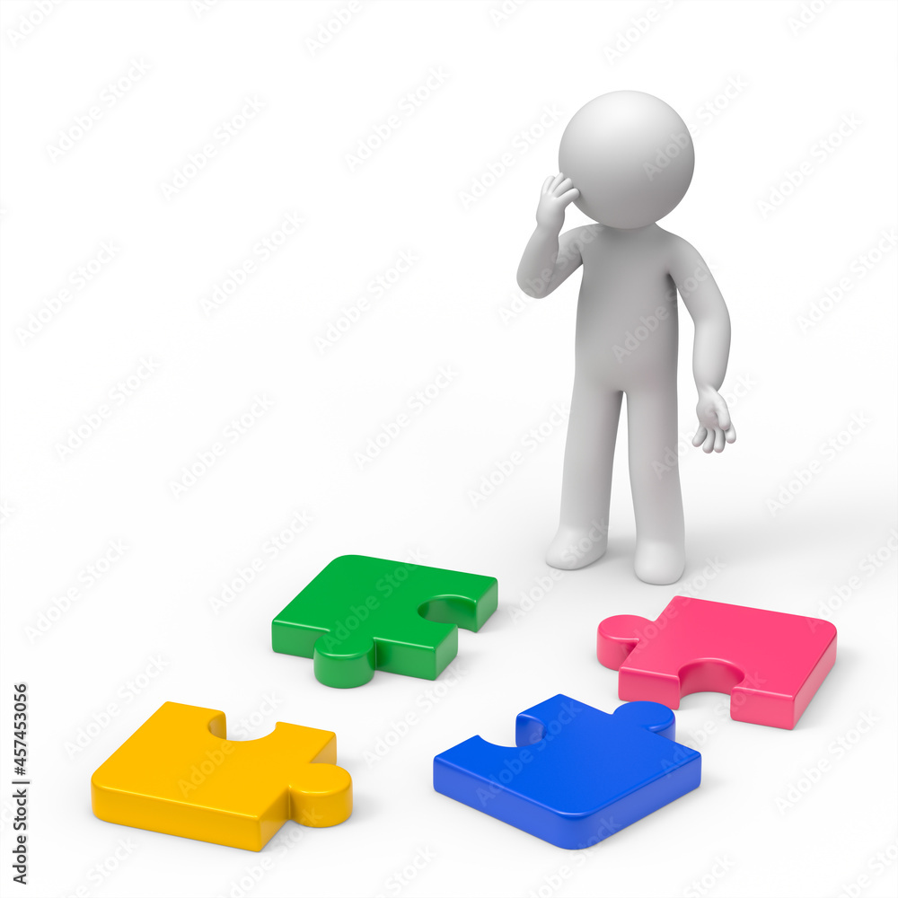 Confused 3d man with puzzle pieces. Confused 3d man with puzzle pieces.