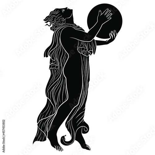 Ancient Greek or Roman dancer with tambourine. Black and white negative silhouette.