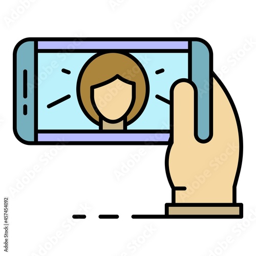 Woman take selfie icon. Outline woman take selfie vector icon color flat isolated on white
