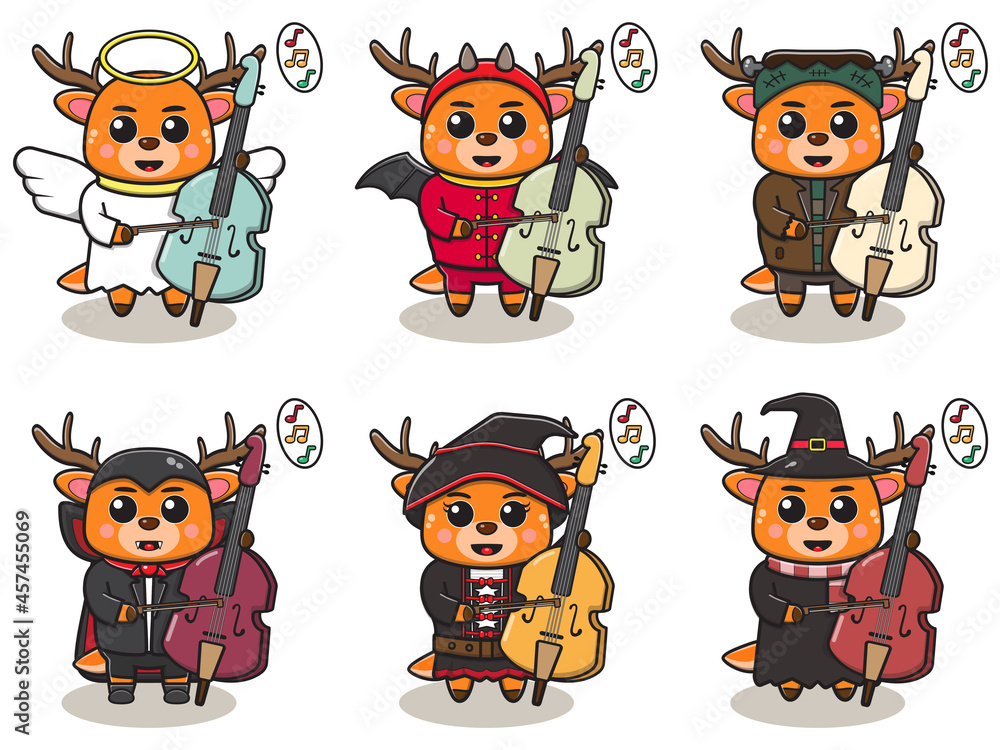 Vector illustration of cute Deer with halloween costume playing Cello. Good for label, sticker, clipart. Vector illustration of cute Deer with halloween costume playing Cello. Good for label, sticker, clipart.
