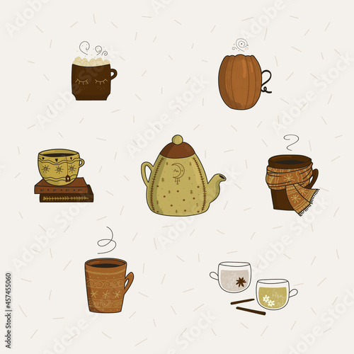 Cups of warmth. Hand drawn cute illustrations for graphic design, presentation, menu or sticker packs. Vector set of different tea mugs and a teapot with ornaments.