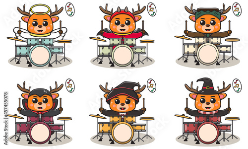 Vector illustration of cute Deer with halloween costume play Drum. Good for label, sticker, clipart.