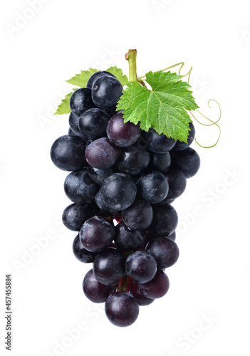 Black grape cluster with leaves isolated on white background.