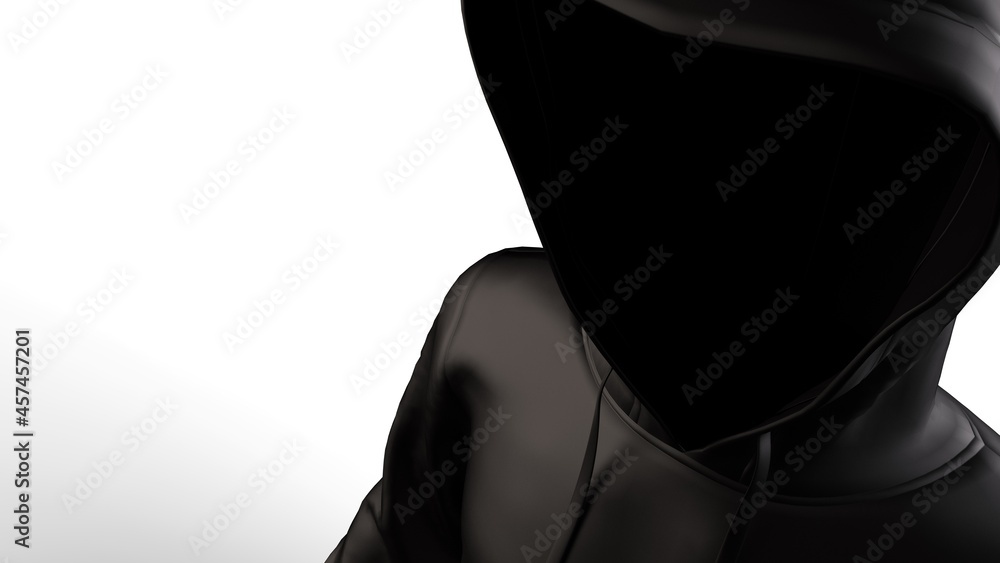 Anonymous hacker with black toon color hoodie in shadow under white lighting background. Dangerous criminal concept image. 3D CG. 3D illustration. 3D high quality rendering. Anonymous hacker with black toon color hoodie in shadow under white lighting background. Dangerous criminal concept image. 3D CG. 3D illustration. 3D high quality rendering.