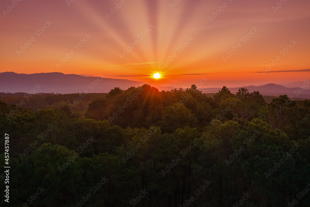 Aerial view of sunrise over mountian and pine tree in Chiang Mai Province, Thailand.. Aerial view of sunrise over mountian and pine tree in Chiang Mai Province, Thailand..