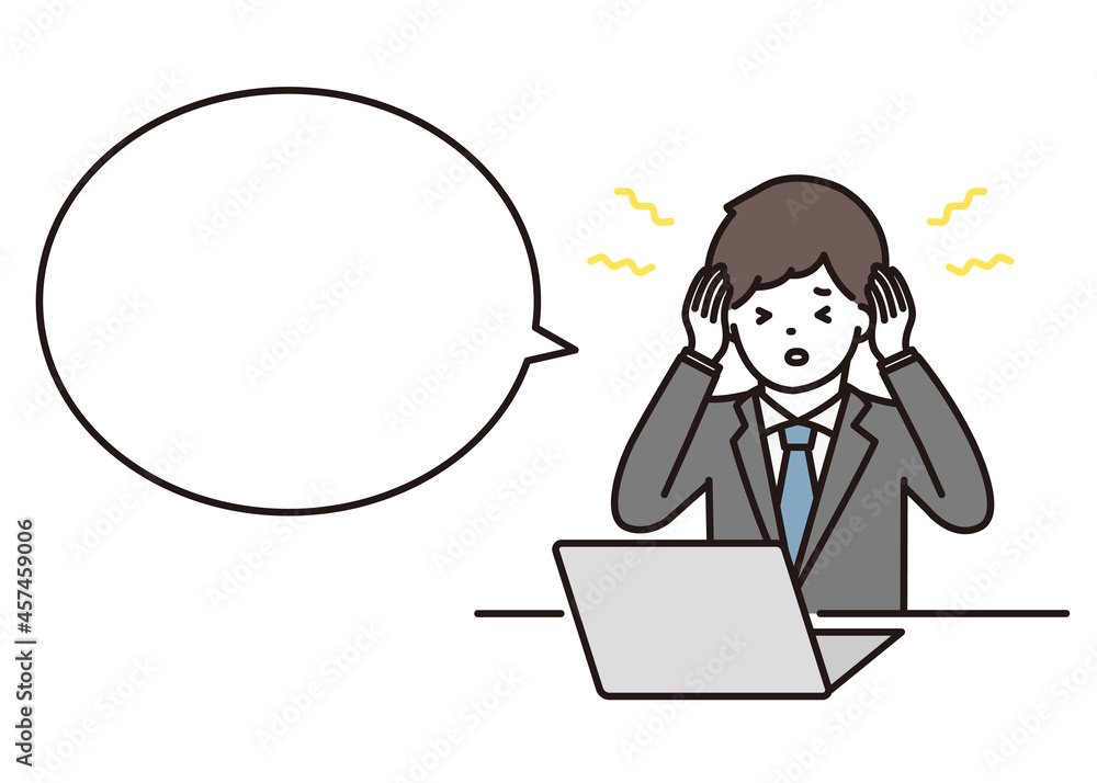 ノートパソコンの前で頭痛・耳鳴りに悩むビジネスマン 吹き出し ノートパソコンの前で頭痛・耳鳴りに悩むビジネスマン 吹き出し