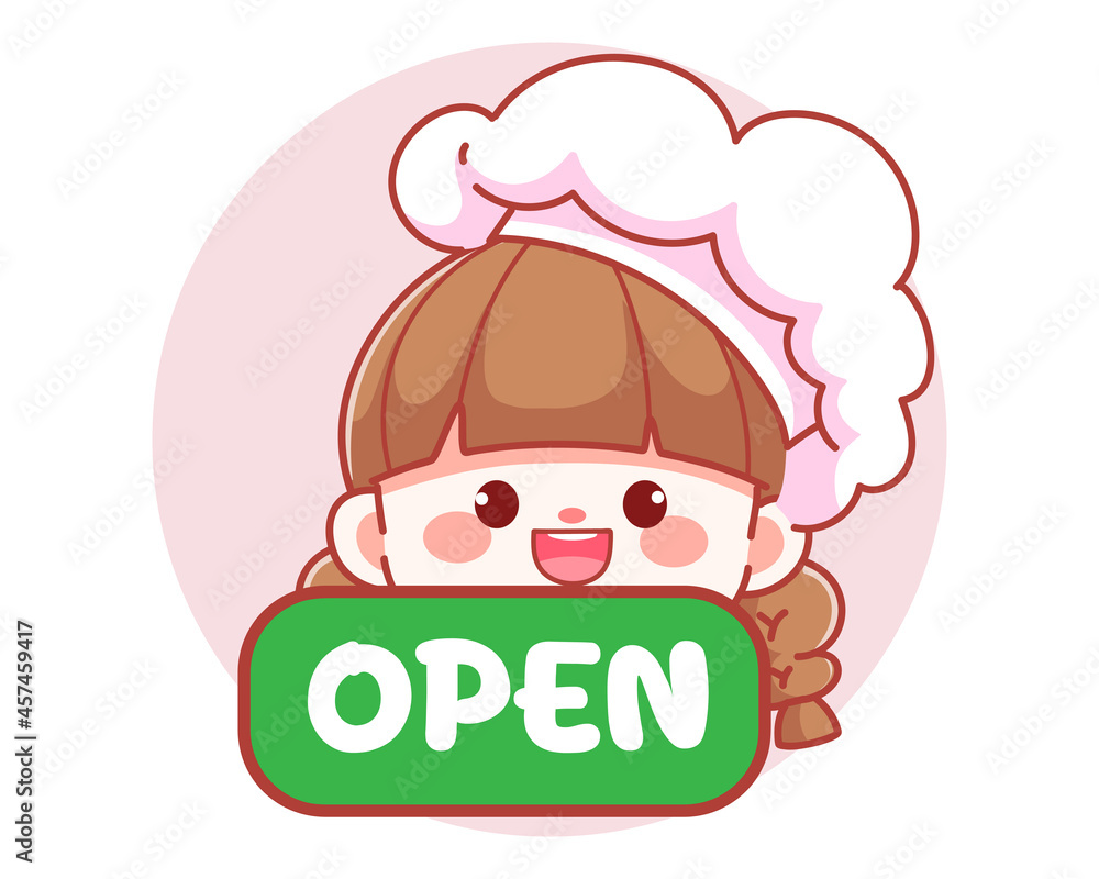 Obraz premium Cute girl chef holding green open sign banner logo cartoon art illustration