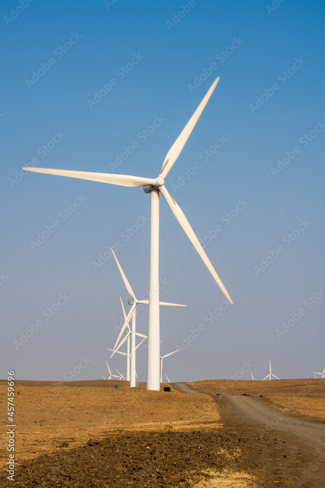 Dramatic image of alternative power wind turbines filling a field in Central Valley California with large propeller.