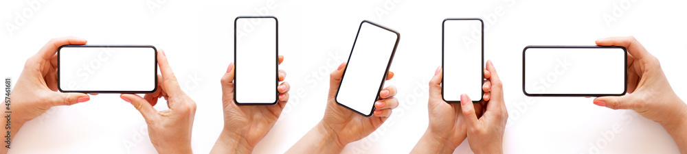 Set of different photos of mobile phone in hand, isolated on white background - obrazy, fototapety, plakaty 