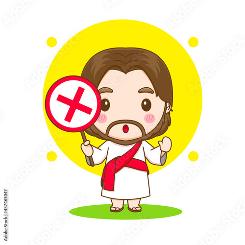 Cute Jesus holding wrong sign symbol chibi cartoon character