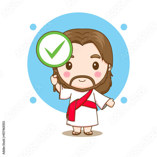 Cute Jesus holding right sign symbol chibi cartoon character
