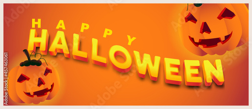 happy halloween banner. clean style. big text with jack o lantern pumpkin. vector illustration