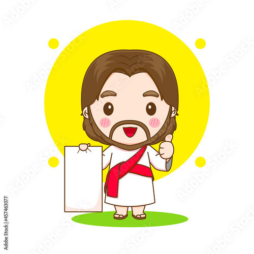 Cute Jesus posing thumb up with empty paper chibi cartoon character