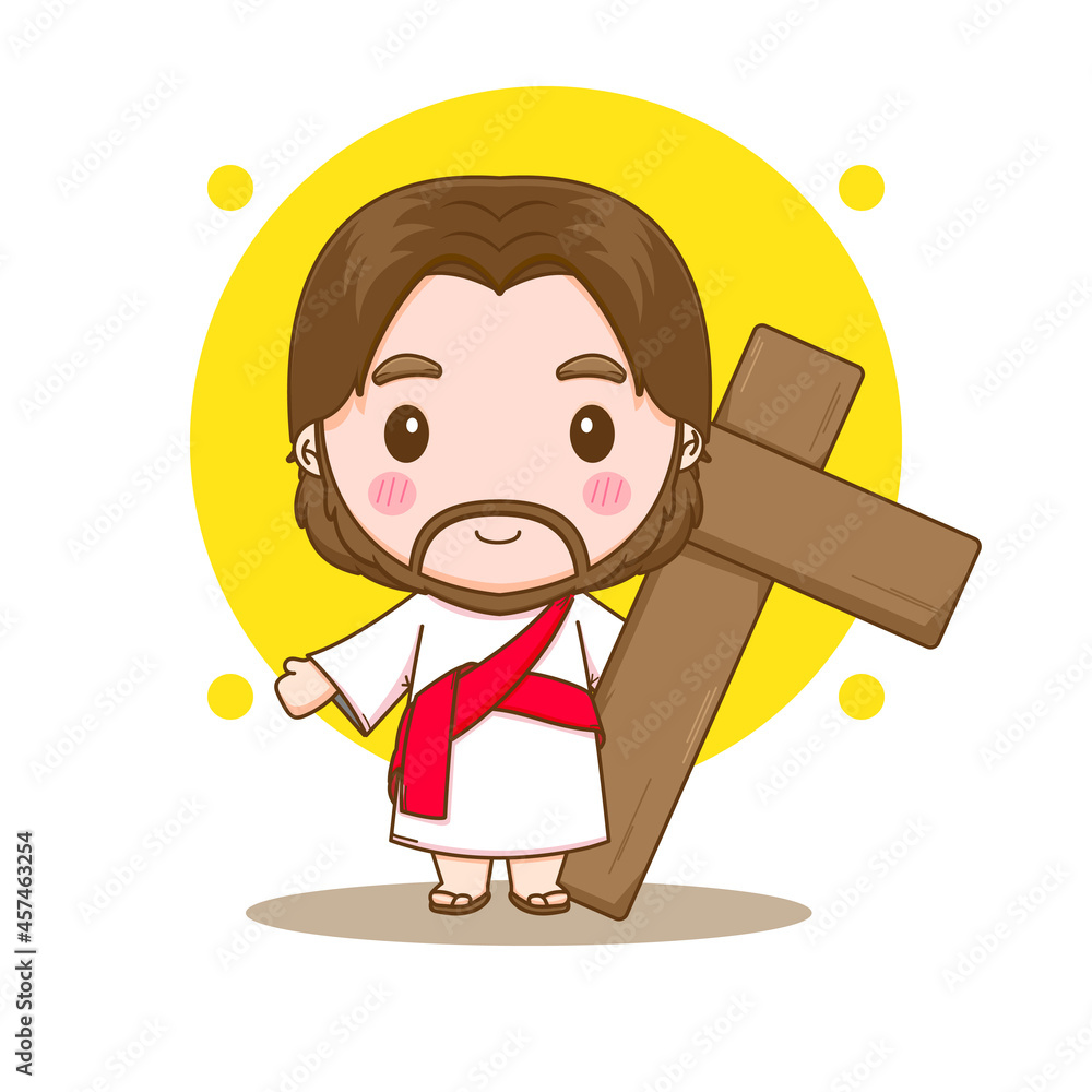 Cute Jesus with the cross chibi cartoon character Stock Vector | Adobe Stock