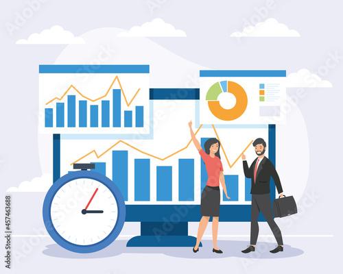 businesspeople and computer with infographics