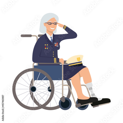 Veteran woman with prosthetic leg on wheelchair